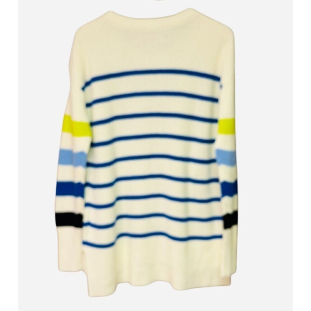 T by Talbots Multi Stripe Crewneck High-Low Sweater Ivory Blue Medium - Picture 4 of 11